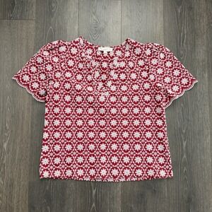 Loft Floral Red Embroidered Blouse Small Scalloped Sleeve‎ Coquette Top Cottage